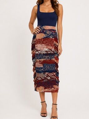Adrienne Landau Onyx Ruched Midi Skirt NWT Size L
